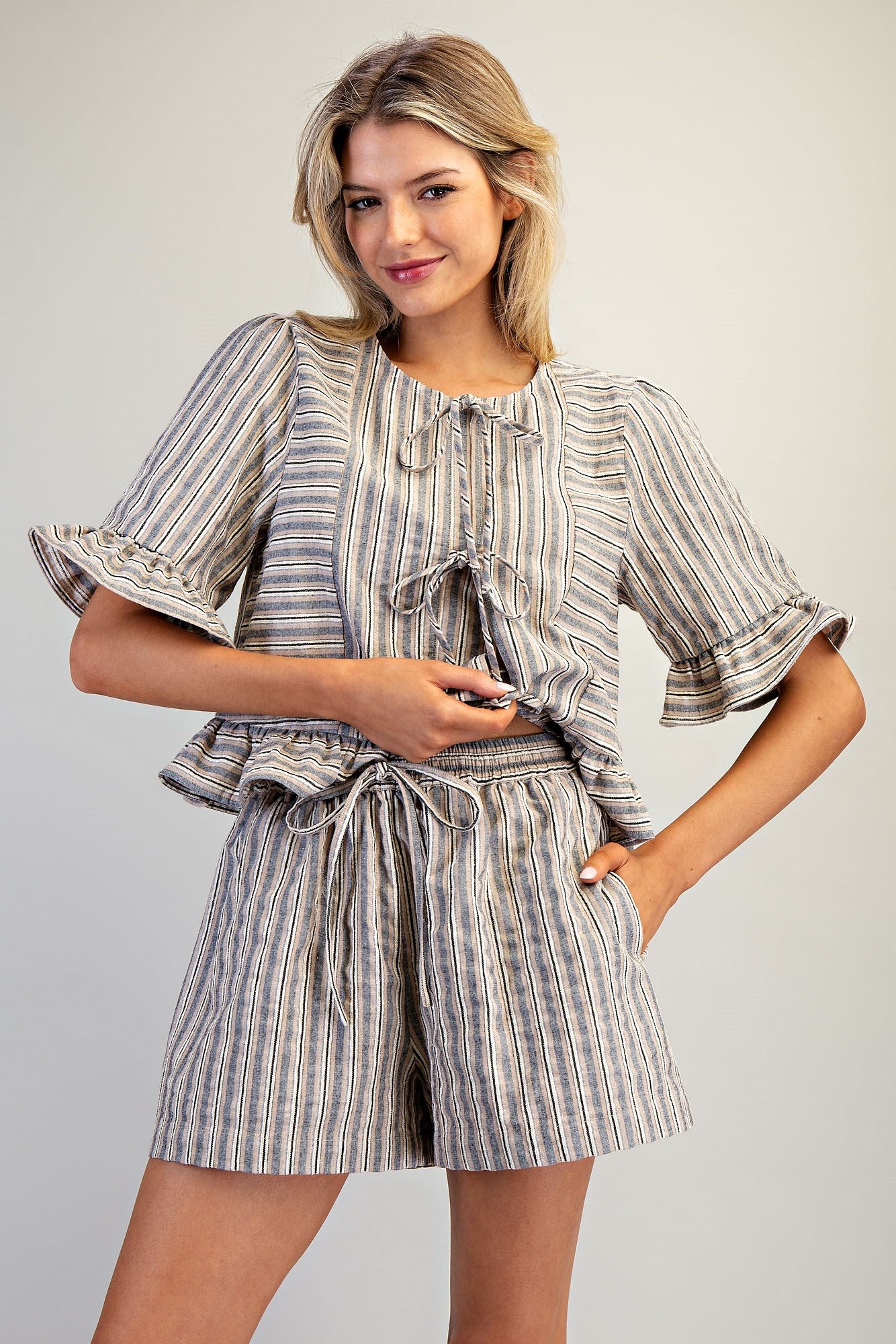 Striped Elastic Waist Shorts- Taupe