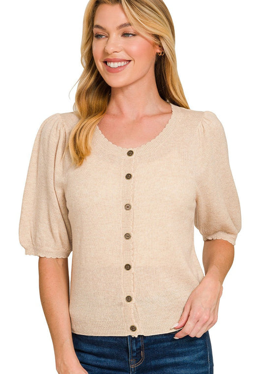 Puff Sleeve Cardigan- H Beige