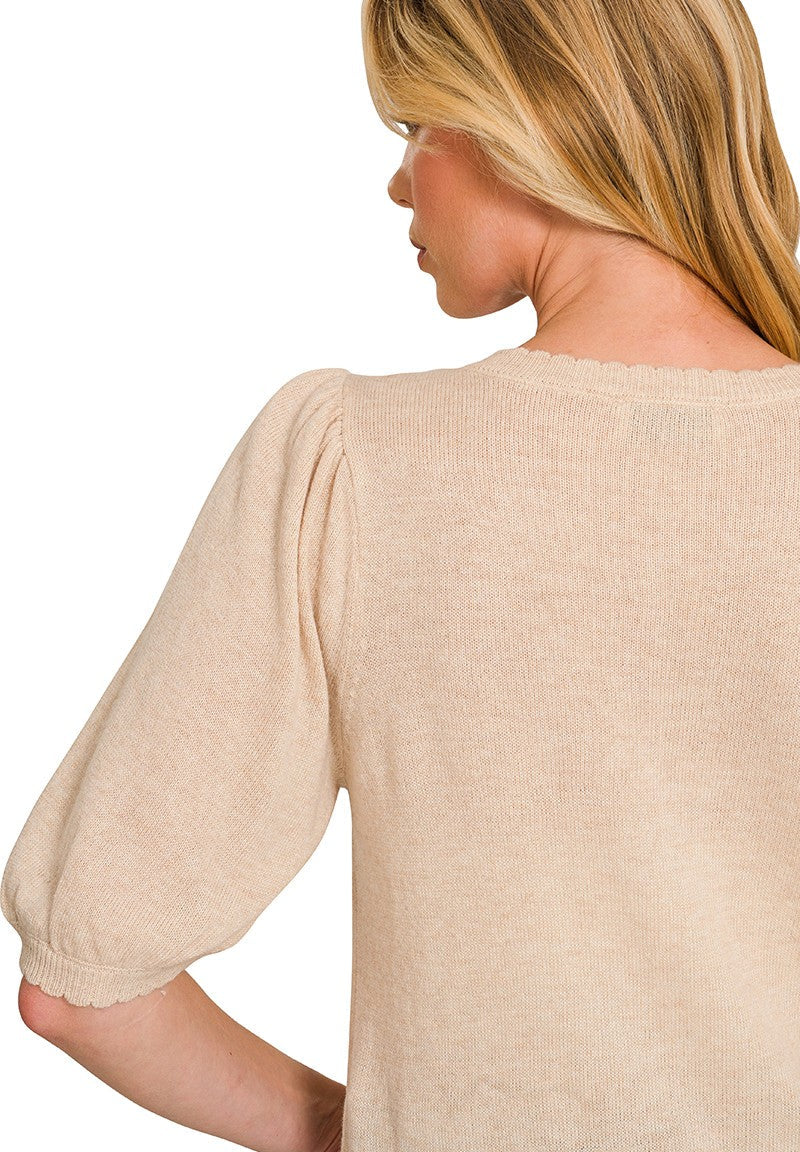 Puff Sleeve Cardigan- H Beige
